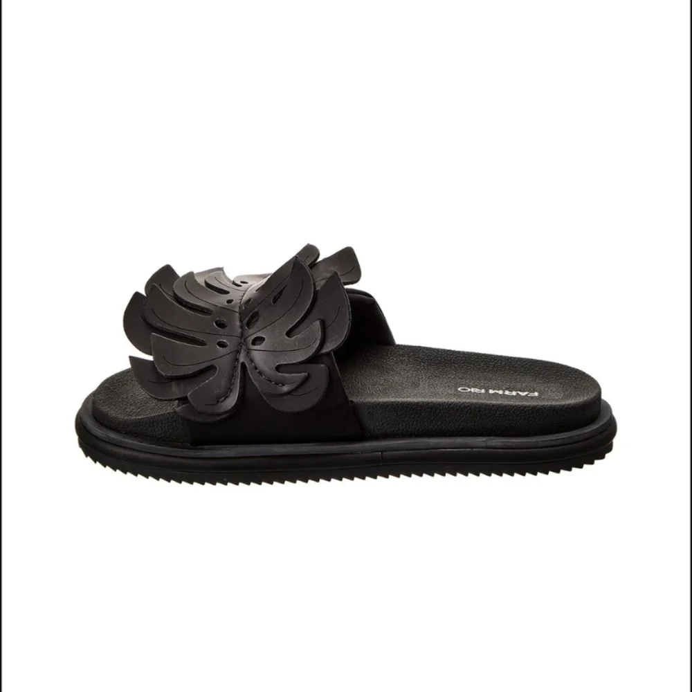 NIB FARM Rio Monstera Anatomic Slide Sandals In Black Women's Size 6